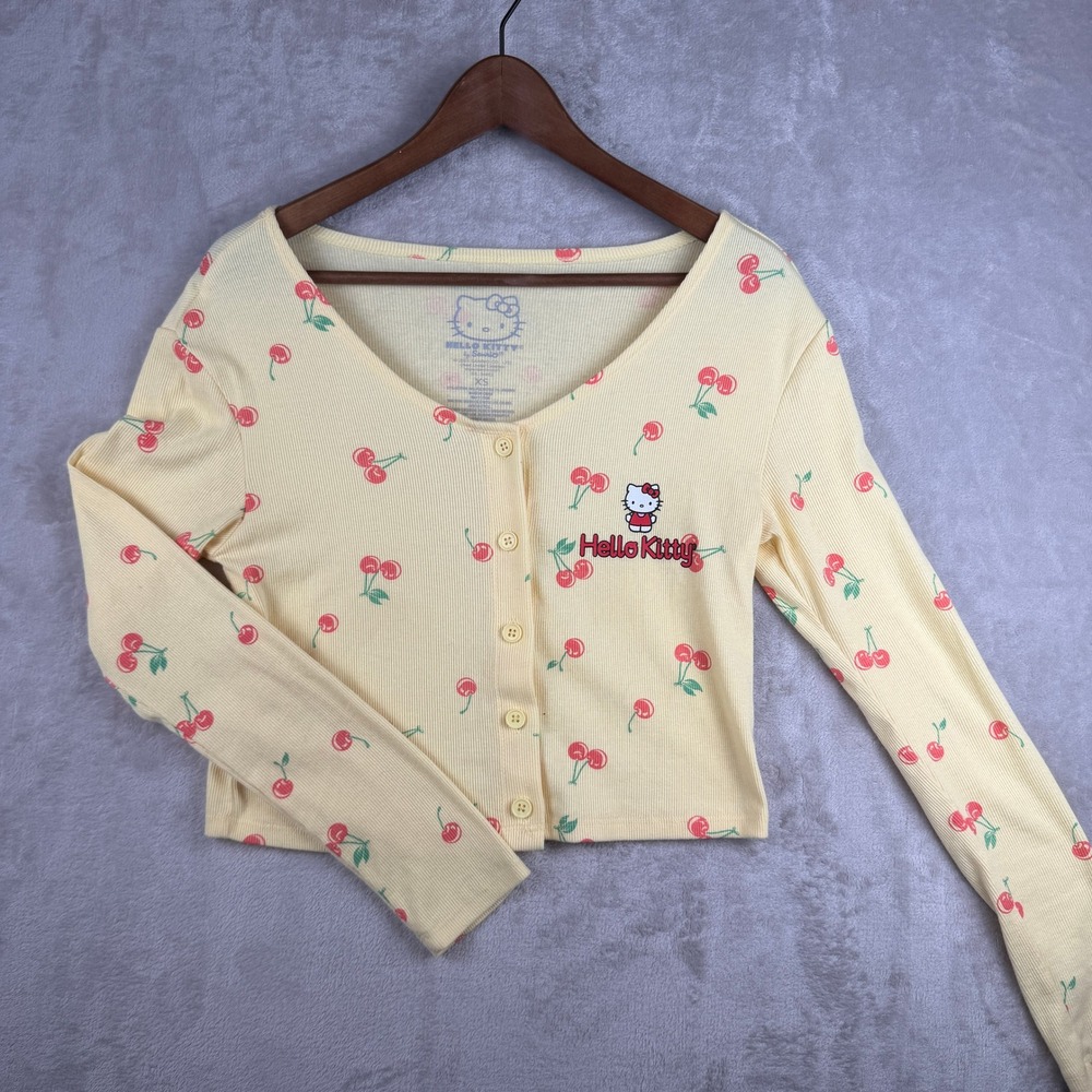 Hello Kitty Sanrio Yellow Cherry Print Ribbed Cropped Cardigan Top XS Long